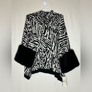 NWT Ruby Rd. Zebra Print Knit Poncho with Faux Fur Cuffs - OSFA One Size